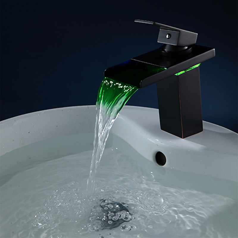 Brass Bathroom Sink Faucet,Waterfall Oil-rubbed Bronze Single Handle One Hole Water Flow LED Power Source Bath Taps with  Zinc Alloy Handle Material, Ceramic Valve,and Cold/Hot Switch3