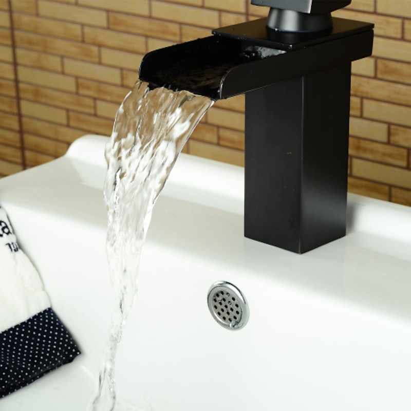 Bathroom Sink Faucet,Waterfall Oil-rubbed Bronze Centerset Widespread Single Handle One Hole Bath Taps with Hot and Cold Switch4