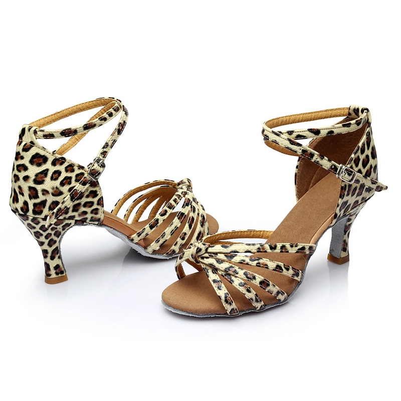 Women's Leopard Print Latin Dance Shoes – Strappy Ballroom Heels with Suede Sole for Salsa & Performance