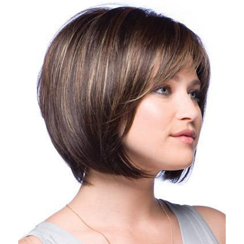 Brown Wigs for Women Synthetic Wig Straight Straight Bob with Bangs Wig Short Brown Synthetic Hair Women's Highlighted / Balayage Hair Side Part Brown3