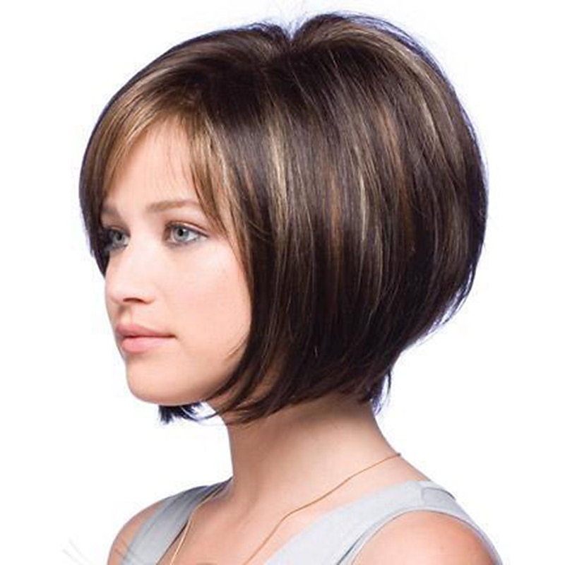 Brown Wigs for Women Synthetic Wig Straight Straight Bob with Bangs Wig Short Brown Synthetic Hair Women's Highlighted / Balayage Hair Side Part Brown2