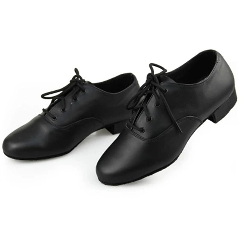 Men's Black Leather Oxford Latin Dance Shoes with Lace-Up Design, Comfortable Ballroom and Jazz Shoes for Performances