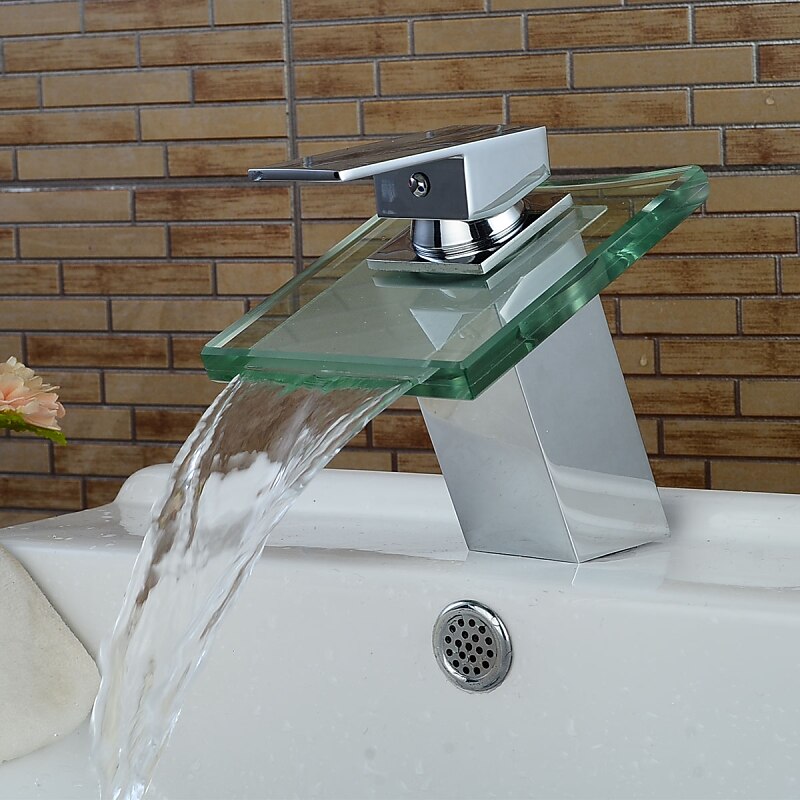 Modern Chrome Glass Waterfall Bathroom Basin Single Handle One Hole Bath Taps with Hot and Cold Water Switch3