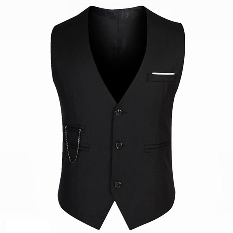 Men's Vest Waistcoat Wedding Work Business Casual Smart Casual Cotton Polyester Solid Colored V Neck Slim Black Vest