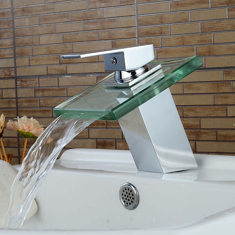 Modern Chrome Glass Waterfall Bathroom Basin Single Handle One Hole Bath Taps with Hot and Cold Water Switch2
