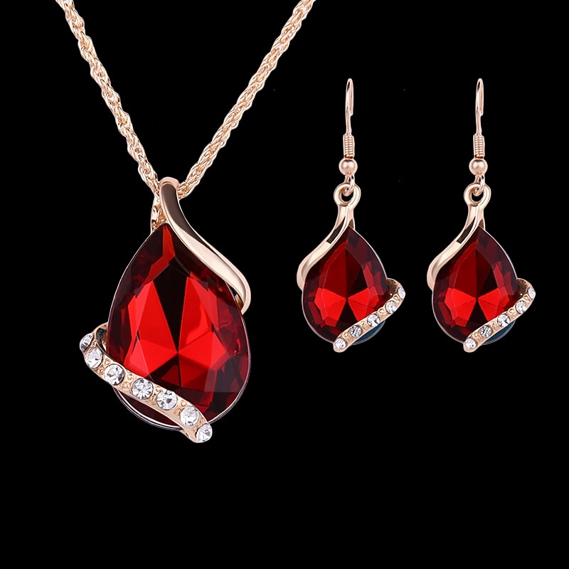 Jewelry Set Drop Earrings For Women's Sapphire Crystal Party Wedding Daily Rose Gold Crystal Rhinestone Pear Cut Solitaire Drop Red Blue Green / Pendant Necklace / Necklace / Earrings / Valentine
