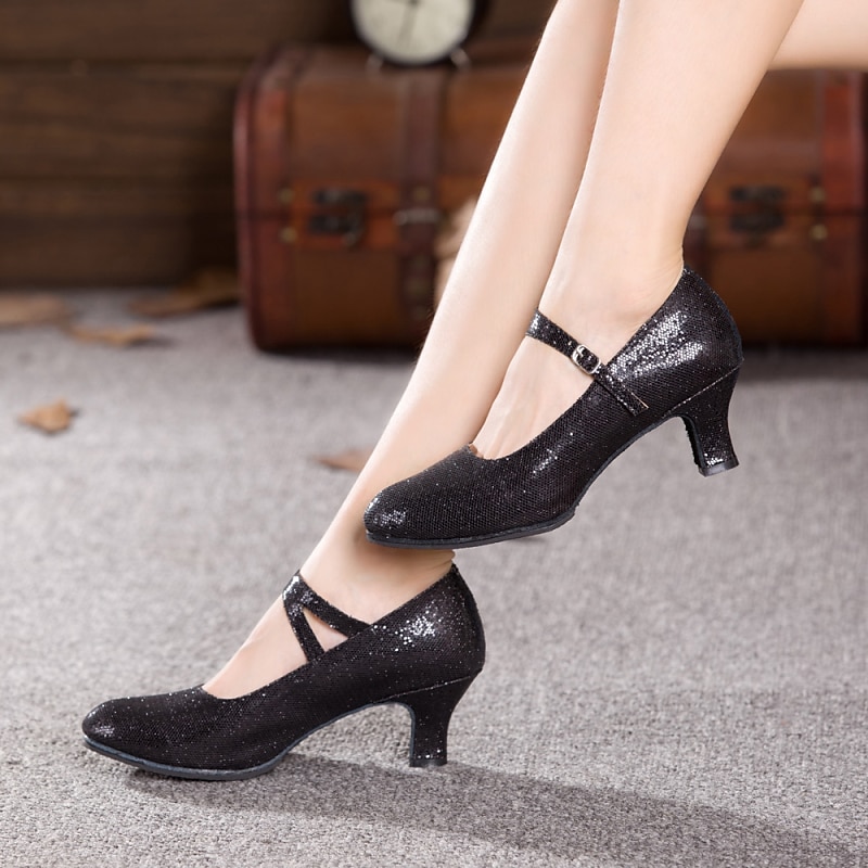 Black Glitter Dance Shoes for Women – Soft Sole with Adjustable Strap for Latin, Ballroom, and Social Dancing2
