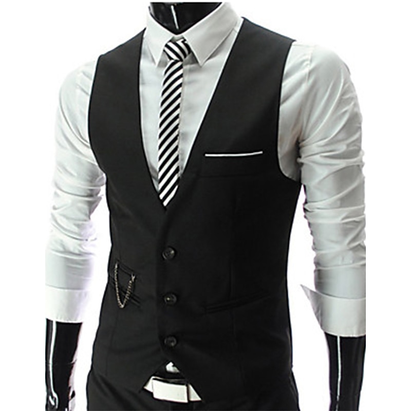 Men's Vest Waistcoat Wedding Work Business Casual Smart Casual Cotton Polyester Solid Colored V Neck Slim Black Vest2