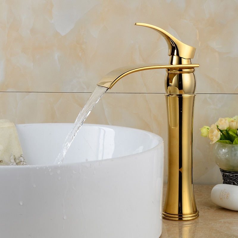 Brass Bathroom Sink Faucet,Waterfall Ti-PVD Widespread Single Handle One Hole Bath Taps with Hot and Cold Switch and Ceramic Valve2