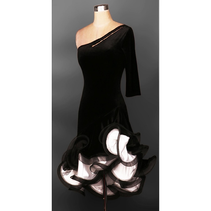 Latin Dance Dress Ruffles Women's Performance 3/4 Length Sleeve High Chiffon Satin Spandex3