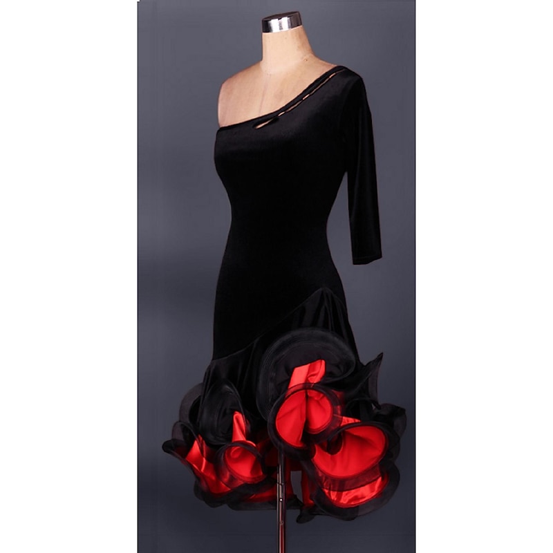 Latin Dance Dress Ruffles Women's Performance 3/4 Length Sleeve High Chiffon Satin Spandex