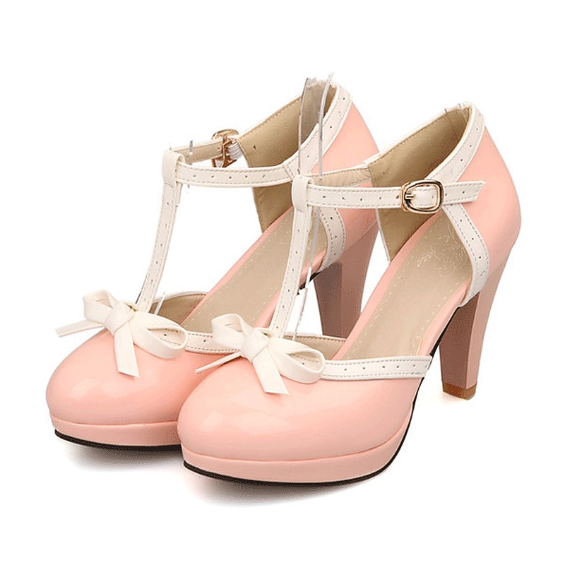 Women's Black Patent Leather T-Strap High Heels with White Trim and Bowknot Decoration - Classic Retro Style for Special Occasions 13