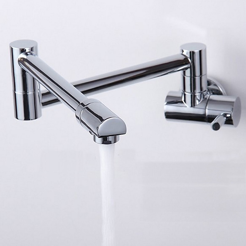 Brass Kitchen Faucet,Silvery Wall Mounted Rotatable Foldable Single Handle One Hole Bath Taps with Cold Water Only - Main Image