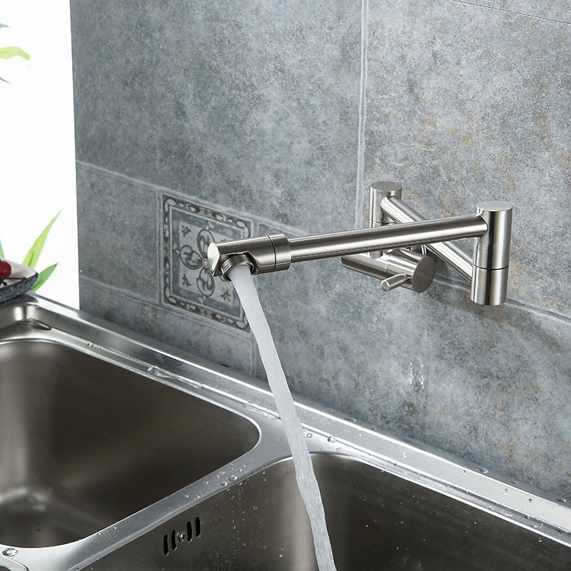 Brass Kitchen Faucet, Wall Mounted Pot Filler Single Handle One Hole Nickel Brushed Rotatable and Pre Rinse Kitchen Taps with Cold Water Only3