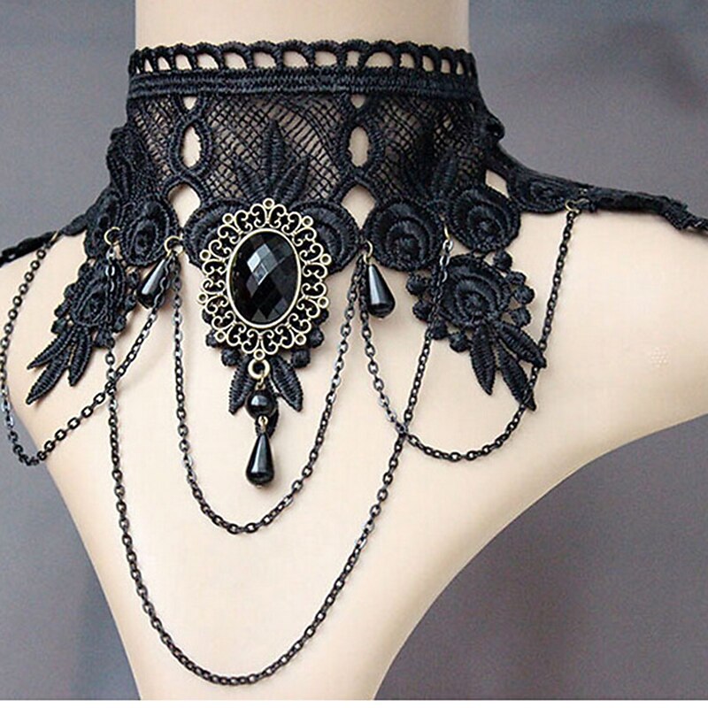 Choker Necklace Pendant Necklace For Women's Party Halloween Masquerade Synthetic Gemstones Crystal Lace Layered Black2