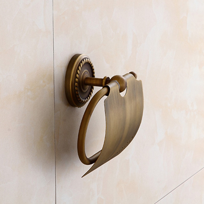 Bath Accessory Set Include Toilet Paper Holder and Robe Hook Antique Brass Wall Mounted 2 pcs4