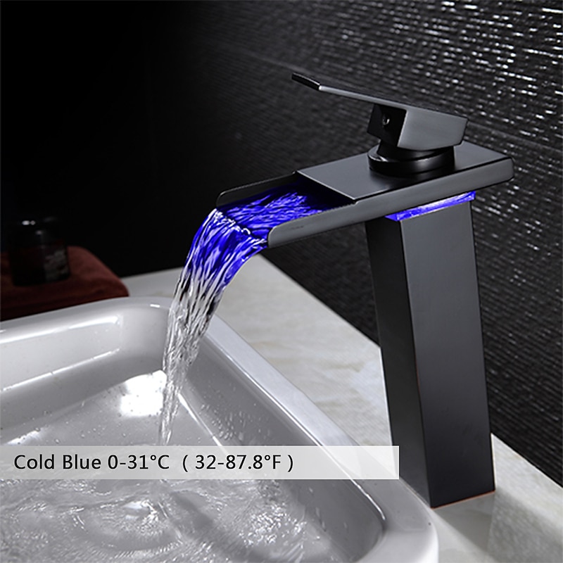 Bathroom Vessel Faucet Tall LED Waterfall Spout 3 Color Changes with Temperature, Sink Mixer Mono Basin Taps, Single Handle One Hole Brass Washroom Vessel Tap Deck Mounted3