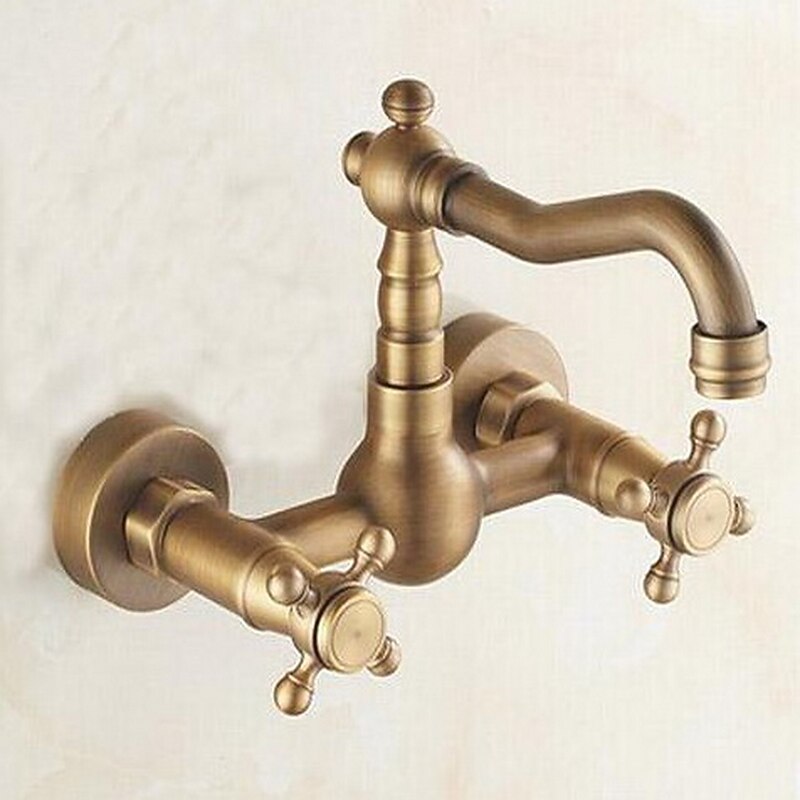 Antique Brass Kitchen Faucet,Wall Mounted Standard Spout Two Handles Two Holes Traditional Widespread Kitchen Taps  with Hot and Cold Switch and Ceramic Valve2