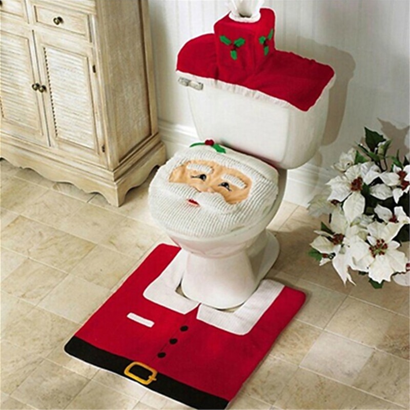 Christmas Toilet Seat Cover Decorations Santa Snowman Deer Spirit Toilet Seat Cover Rug Bathroom Set With Paper Towel Cover For Christmas Gift Premium Year Home Decorations