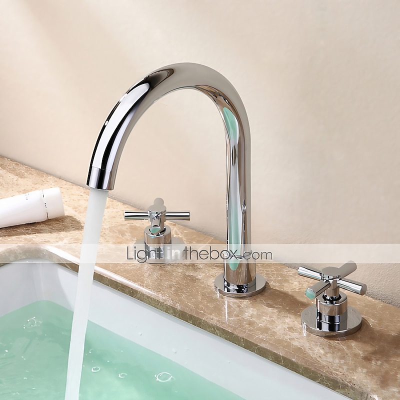 Brass Bathroom Faucet, Chrome Two Handles Three Holes Widerspread Contemporary Bathroom Sink Faucet with Hot and Cold Water