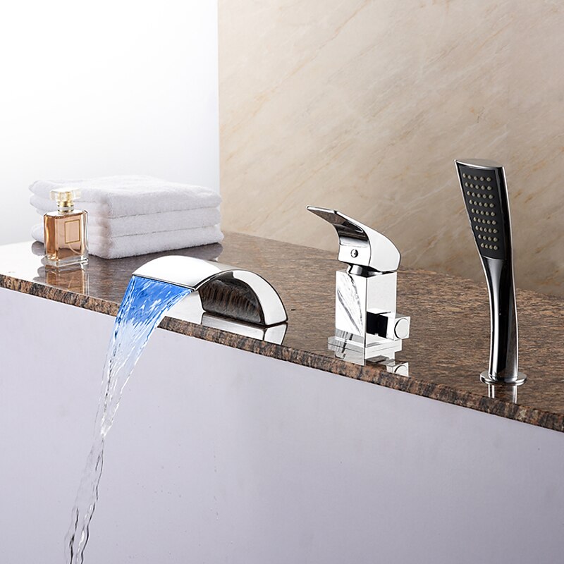 Bathtub Faucet Waterfall Spout LED 3 Color Water Flow with Heldhand Shower, Widespread Bath Roman Tub Filler Mixer Tap Bathroom 3 Hole Deck Mounted2
