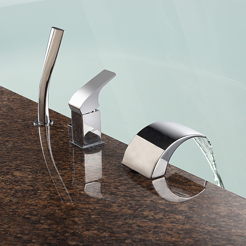 Waterfall Bathtub Faucet Deck Mounted, Bath Tub Filler Mixer Tap Set Handheld 3 Hole 2 Spout with Hand Sprayer, Brass Shower Ceramic Valve Kit Bathroom3