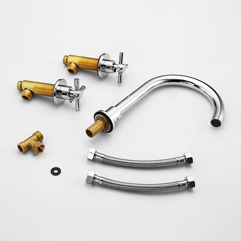 Brass Bathroom Faucet, Chrome Two Handles Three Holes Widerspread Contemporary Bathroom Sink Faucet with Hot and Cold Water3