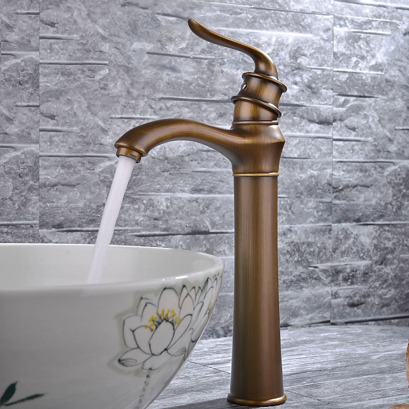 Brass Bathroom Sink Faucet,Waterfall Antique Brass Widespread Water Flow Single Handle One Hole Bath Taps with Hot and Cold Switch - Main Image