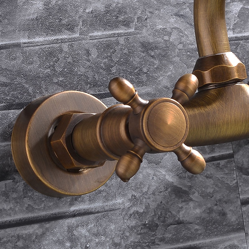 Retro Style Utility Sink Laundry Faucet, Wall Mount Long Spout Two Handles Three Holes Wash Basin Tap with Hot and Cold Water Hoses, Laundry Tub Pot Filler Commercial Faucet in Antique Bronze3