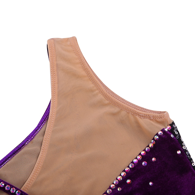 Figure Skating Dress Women's Girls' Ice Skating Dress Outfits Purple Velvet Stretchy Competition Skating Wear Handmade Floral Botanical Fashion Sleeveless Ice Skating Figure Skating4