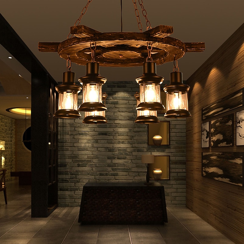 6-Light 78cm(31.2inch) Pendant Light Wood Glass Painted Finishes Vintage Country 110-120V 220-240V3