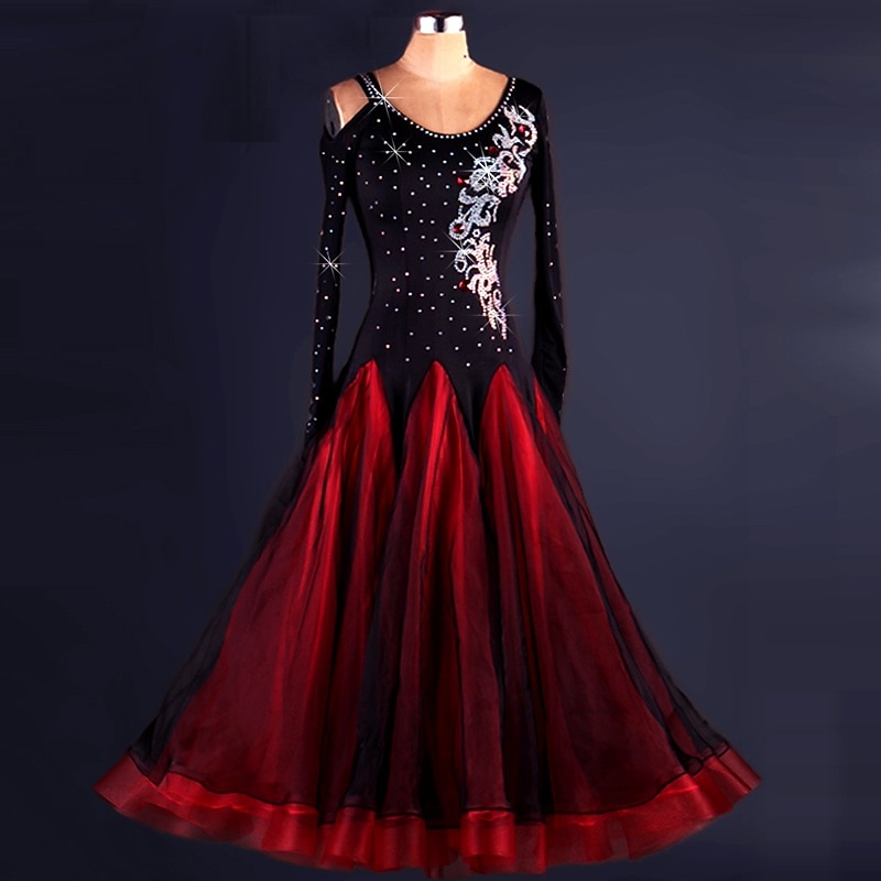 Ballroom Dance Dress Lace Draping Crystals / Rhinestones Women's Performance Long Sleeve High Spandex Organza