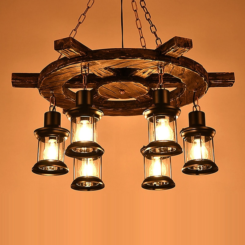 6-Light 78cm(31.2inch) Pendant Light Wood Glass Painted Finishes Vintage Country 110-120V 220-240V4