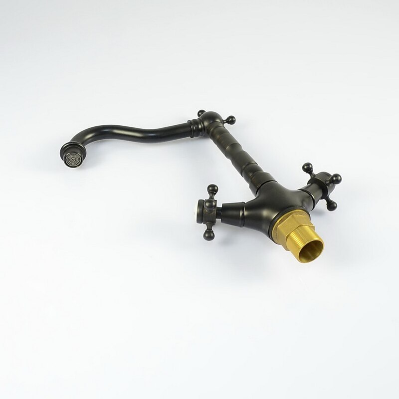 Copper Bathroom Sink Faucet,Black Deck Mounted Rotatable Faucet Set,Oil-rubbed Two Handles One Hole Bath Taps with Hot and Cold Switch2