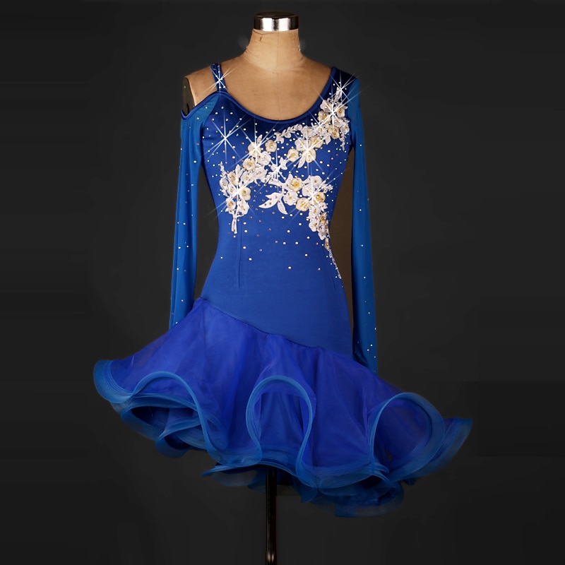 Dance Salsa Latin Dance Dress Ruffles Flower Splicing Women's Performance Long Sleeve High Spandex Organza3