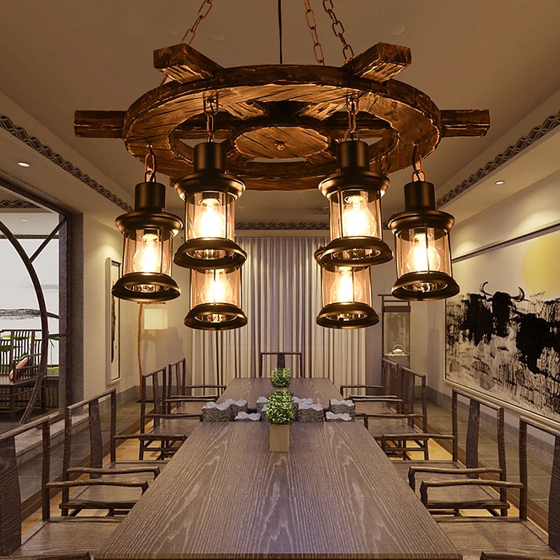 6-Light 78cm(31.2inch) Pendant Light Wood Glass Painted Finishes Vintage Country 110-120V 220-240V