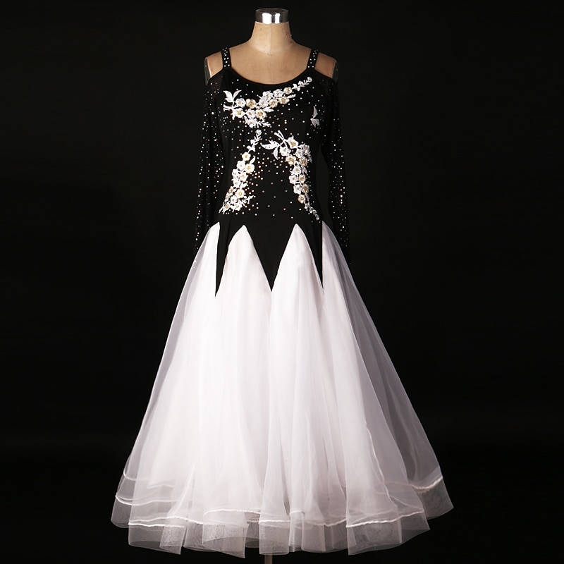 Ballroom Dance Dress Lace Draping Appliques Performance Long Sleeve High Spandex Organza