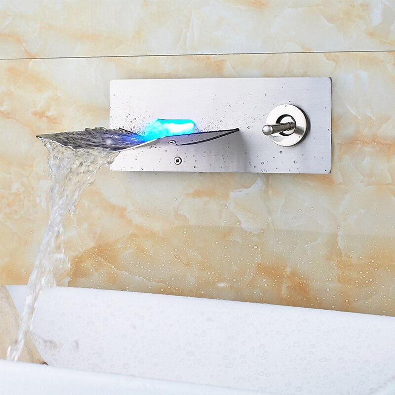 Bathroom Sink Faucet - LED / Wall Mount / Waterfall Nickel Brushed Wall Mounted Two Holes / Single Handle Two HolesBath Taps2