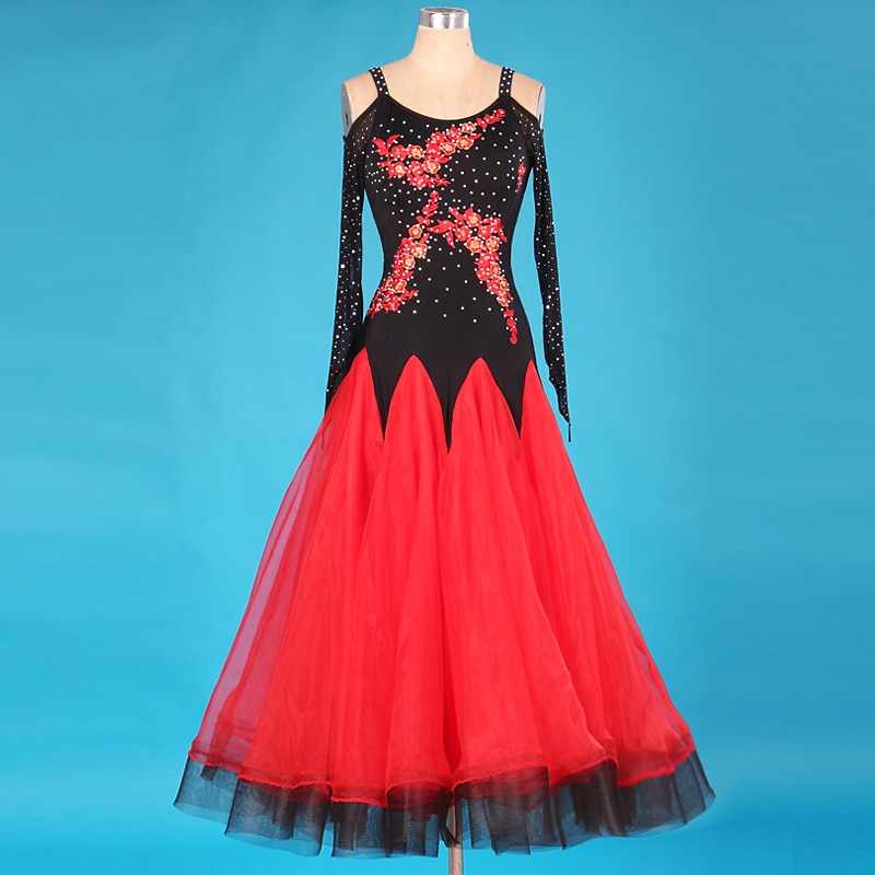 Ballroom Dance Dress Lace Draping Appliques Performance Long Sleeve High Spandex Organza4