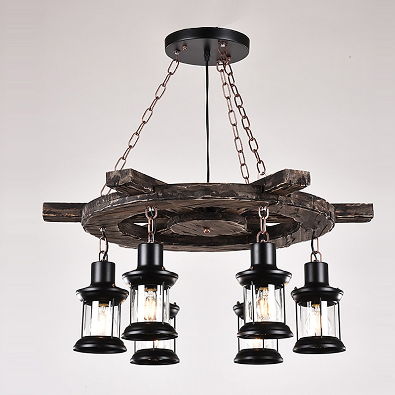 6-Light 78cm(31.2inch) Pendant Light Wood Glass Painted Finishes Vintage Country 110-120V 220-240V2