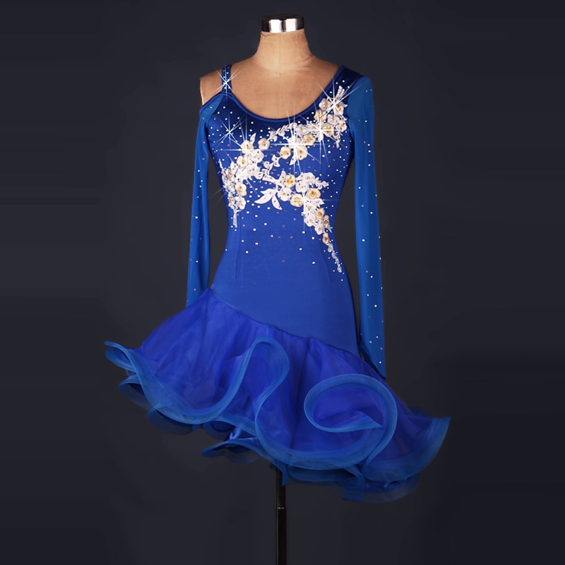 Dance Salsa Latin Dance Dress Ruffles Flower Splicing Women's Performance Long Sleeve High Spandex Organza2