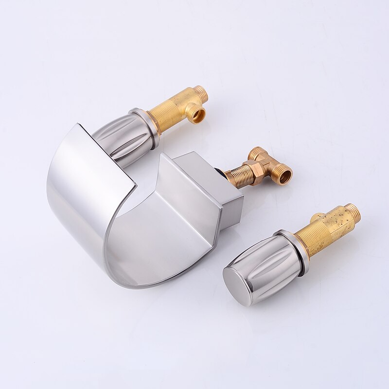 Bathroom Sink Faucet,Silvery Two Handles Three Holes Deluxe Waterfall Brush Nickel Polished Widespread Brass Bathroom Sink Faucet With Cold and Hot Switch3