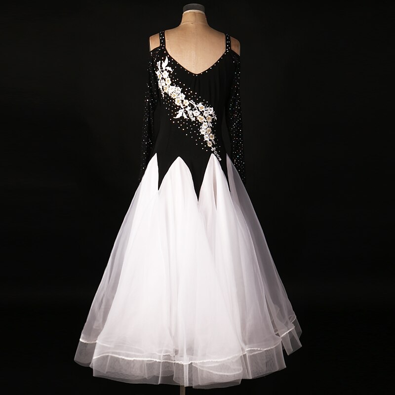 Ballroom Dance Dress Lace Draping Appliques Performance Long Sleeve High Spandex Organza2