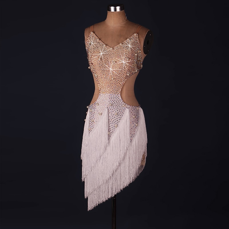 Dance Salsa Latin Dance Dress Fringed Tassel Crystals / Rhinestones Women's Performance Sleeveless Natural Spandex3