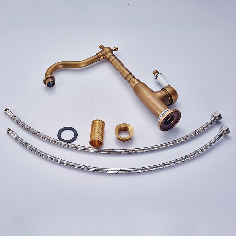 Bathroom Sink Faucet,Antique Brass Single Handle  One Hole Bath Taps, Retro Style Ceramic Handle Rotatable Faucet with Hot and Cold Switch3