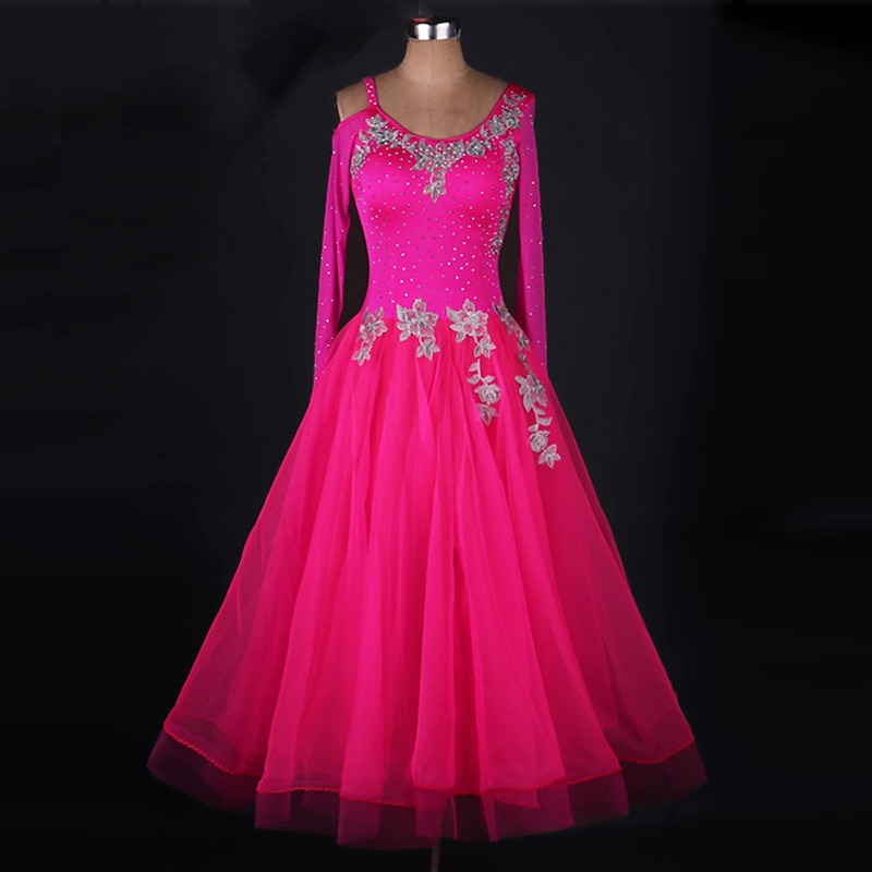 Ballroom Dance Dress Appliques Crystals / Rhinestones Women's Performance Long Sleeve Chinlon Organza