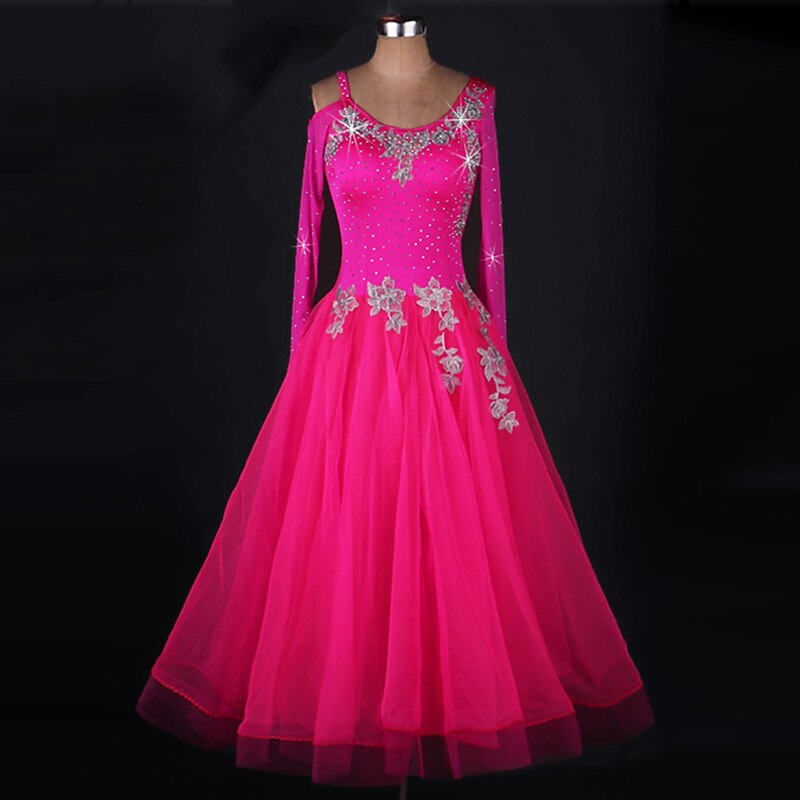 Ballroom Dance Dress Appliques Crystals / Rhinestones Women's Performance Long Sleeve Chinlon Organza2