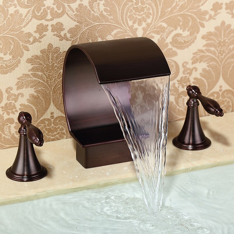 Widespread Bathroom Sink Faucet,Two Handle Three Holes, Brass Waterfall Oil-rubbed Bronze Bath Taps2