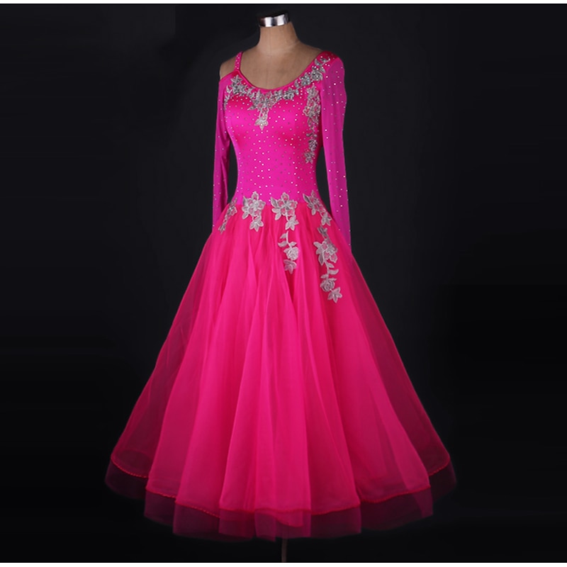 Ballroom Dance Dress Appliques Crystals / Rhinestones Women's Performance Long Sleeve Chinlon Organza3