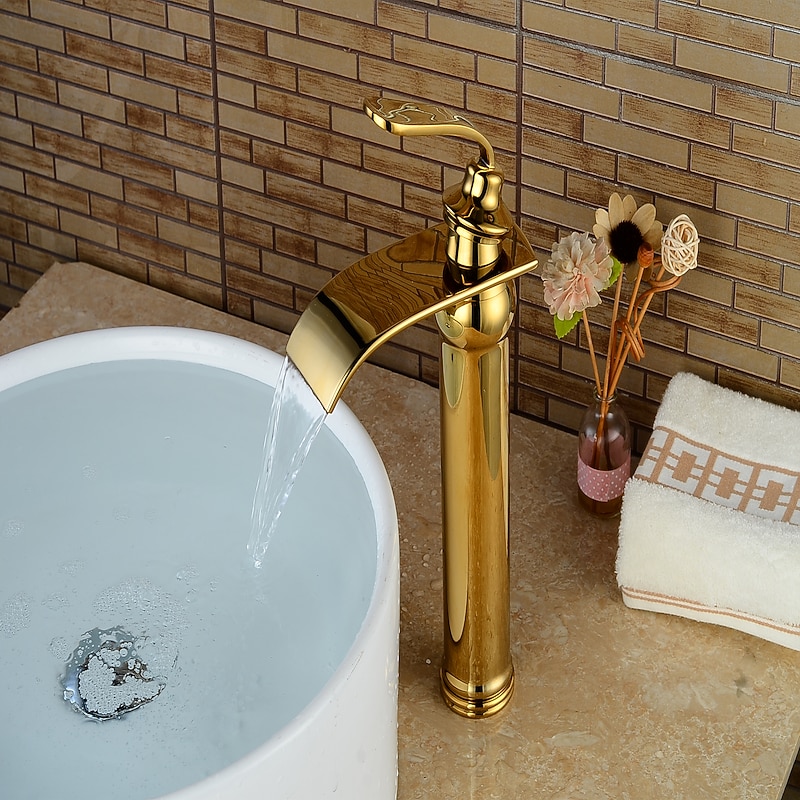 Bathroom Sink Faucet - Waterfall Ti-PVD Centerset Single Handle One HoleBath Taps / Brass2